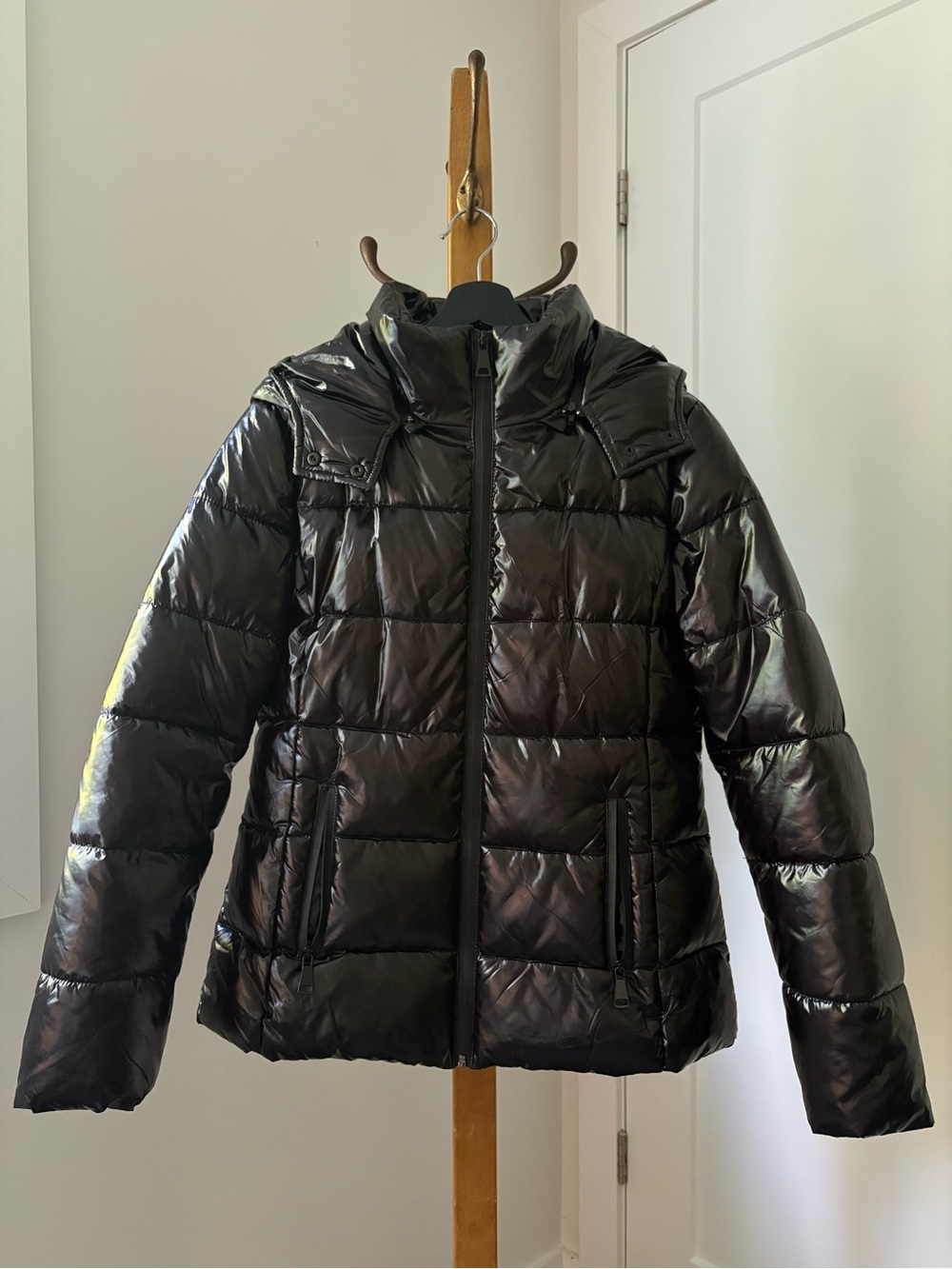 Shiny Black Puffer Jacket with Hood - Women's Winter Coat